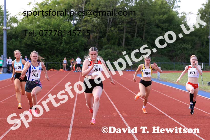 Womens under-20s 100 metres, 2025 North Eastern Track and Field Champs., Shildon, County Durham. Photo: David T. Hewitson/Sports for All Pics